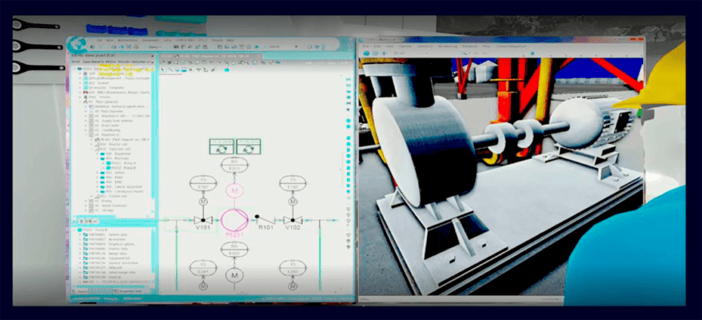 Interfaz de software para gemelo digital mostrando dos ventanas en pantalla dividida. La primera ventana contiene un diagrama de proceso con símbolos y conexiones que representan el flujo en una planta industrial. La segunda ventana muestra un modelo 3D de un equipo industrial, visualizado en un entorno simulado, observado por un ingeniero virtual con casco de seguridad amarillo. Esta imagen ilustra el uso del gemelo digital para supervisar y optimizar procesos y maquinaria en tiempo real.